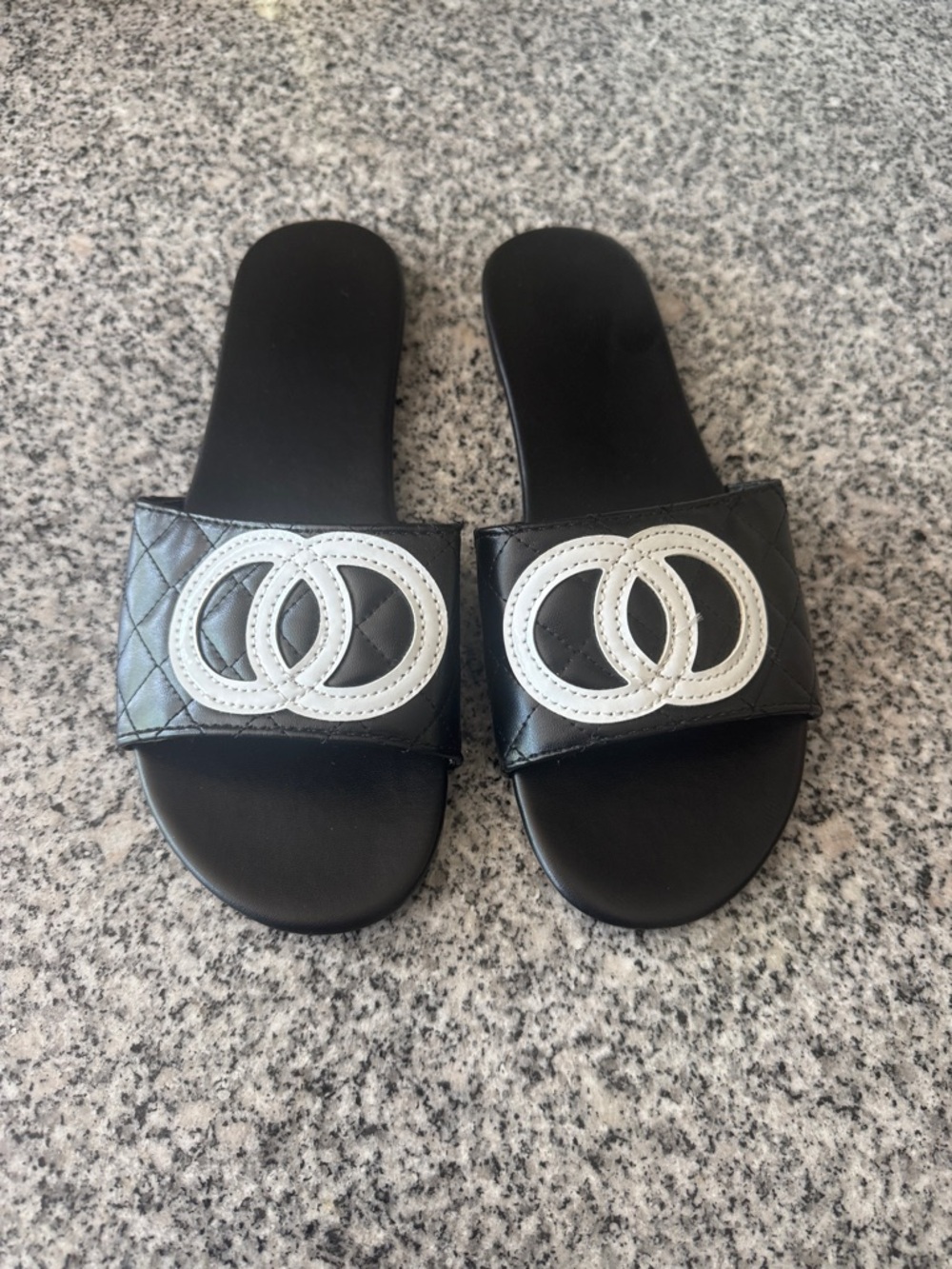 Black Slide Sandals with White Accent Logo - Size 7.5 - NWT